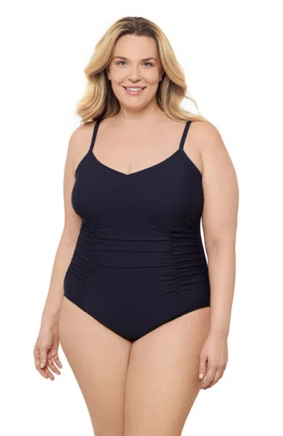 Aqua Green Plus Size Princess Seam V-neck Side Shirred Adjustable One-piece Swimsuit In Black