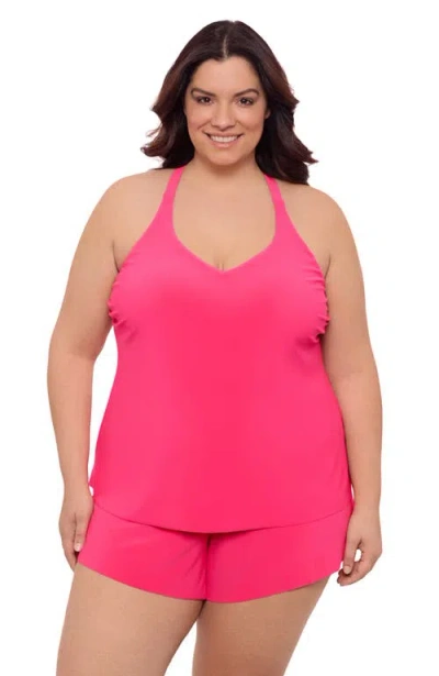 Aqua Green Plus Size Supportive Y-back Full Coverage Tankini Swimsuit Top In Pink