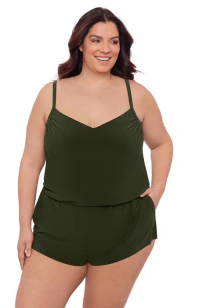 Aqua Green Plus Size V-neck Blouson Slimming Swimsuit Romper With Pockets