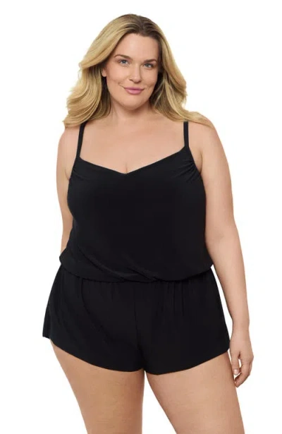 Aqua Green Plus Size V-neck Blouson Slimming Swimsuit Romper With Pockets In Black