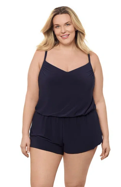 Aqua Green Plus Size V-neck Blouson Slimming Swimsuit Romper With Pockets In Black