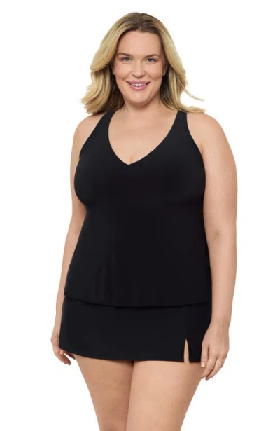 Aqua Green Plus Size V-neck Full Coverage Ladder Trim Racerback Tankini Swimsuit Top In Black