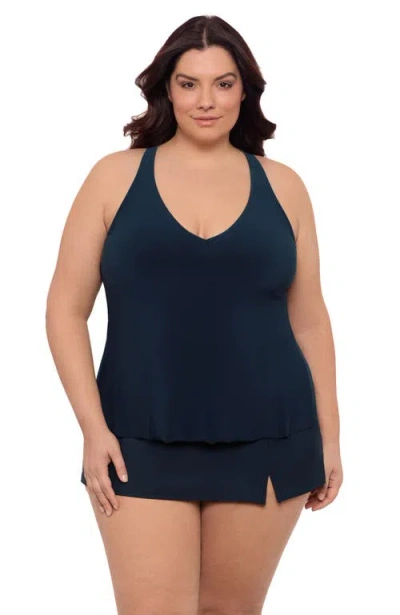 Aqua Green Plus Size V-neck Full Coverage Ladder Trim Racerback Tankini Swimsuit Top In Blue