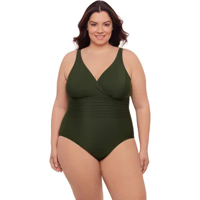 Aqua Green Plus Size V-neck Surplice Trim Overlay Full Coverage One-piece Swimsuit