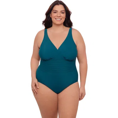 Aqua Green Plus Size V-neck Surplice Trim Overlay Full Coverage One-piece Swimsuit
