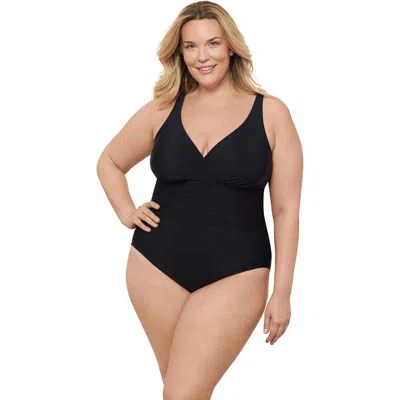 Aqua Green Plus Size V-neck Surplice Trim Overlay Full Coverage One-piece Swimsuit In Black