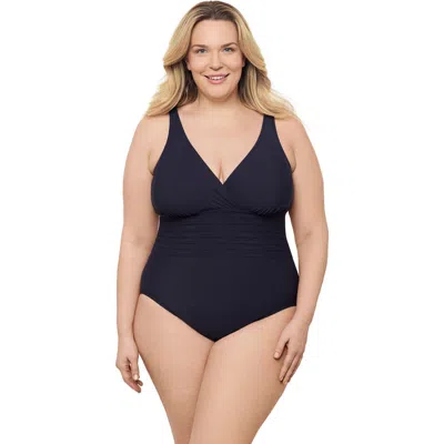Aqua Green Plus Size V-neck Surplice Trim Overlay Full Coverage One-piece Swimsuit In Blue