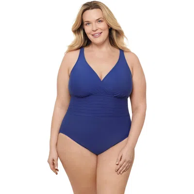 Aqua Green Plus Size V-neck Surplice Trim Overlay Full Coverage One-piece Swimsuit In Blue