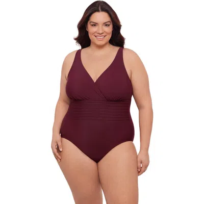 Aqua Green Plus Size V-neck Surplice Trim Overlay Full Coverage One-piece Swimsuit In Burgundy