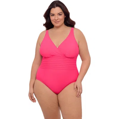 Aqua Green Plus Size V-neck Surplice Trim Overlay Full Coverage One-piece Swimsuit In Pink