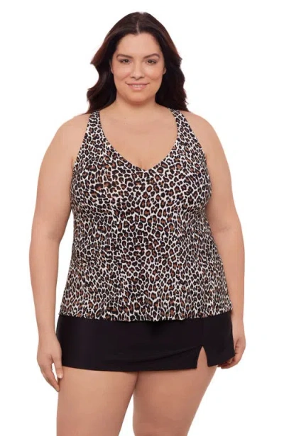 Aqua Green Plus Size V-neck Full Coverage Ladder Trim Racerback Tankini Swimsuit Top In Animal Print