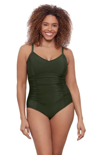 Aqua Green Princess Seam V-neck Side Shirred Adjustable One-piece Swimsuit