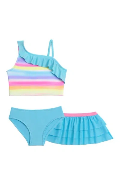 Aqua Green Babies'  Toddlers 3-piece Asymmetrical Ruffle Bikini Coverup Set In Blue