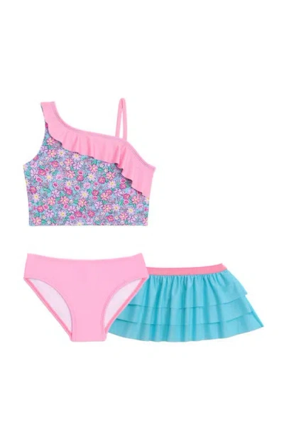 Aqua Green Babies'  Toddlers 3-piece Asymmetrical Ruffle Bikini Coverup Set In Pink