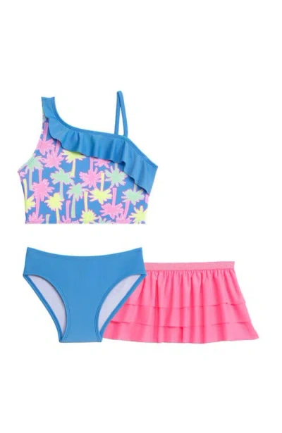 Aqua Green Babies'  Toddlers 3-piece Asymmetrical Ruffle Bikini Coverup Set In Multi