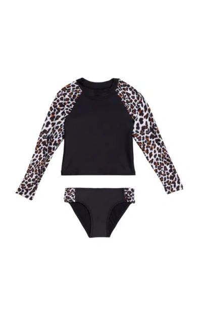 Aqua Green Babies'  Toddlers Longsleeve Rashguard 2-piece Swimwear Set In Black