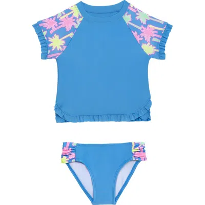 Aqua Green Babies'  Toddlers Shortsleeve Ruffle Rashguard 2-piece Swimwear Set In Blue