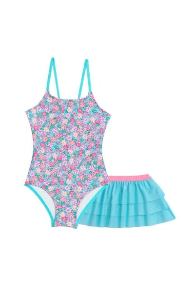 Aqua Green Babies'  Toddlers X-back One Piece Swimsuit With Ruffle Coverup Skirt 2-piece Set In Multi