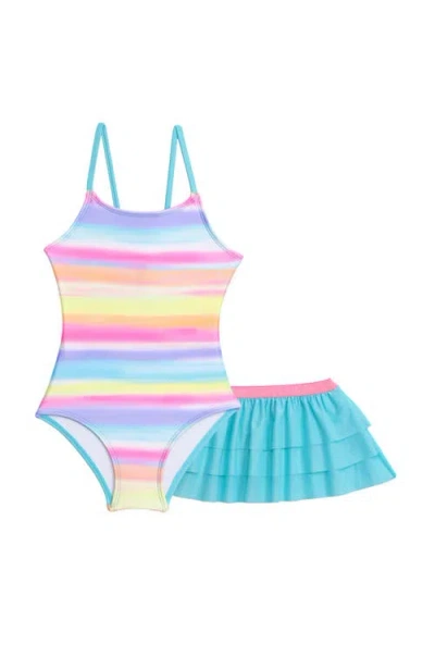 Aqua Green Babies'  Toddlers X-back One Piece Swimsuit With Ruffle Coverup Skirt 2-piece Set In Multi