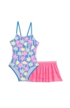 Aqua Green Babies'  Toddlers X-back One Piece Swimsuit With Ruffle Coverup Skirt 2-piece Set In Multi