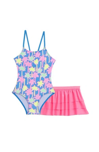 Aqua Green Babies'  Toddlers X-back One Piece Swimsuit With Ruffle Coverup Skirt 2-piece Set In Multi