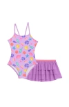 Aqua Green Babies'  Toddlers X-back One Piece Swimsuit With Ruffle Coverup Skirt 2-piece Set In Purple