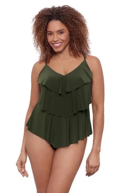 Aqua Green Triple Ruffle Tier Adjustable Tankini Swimsuit Top
