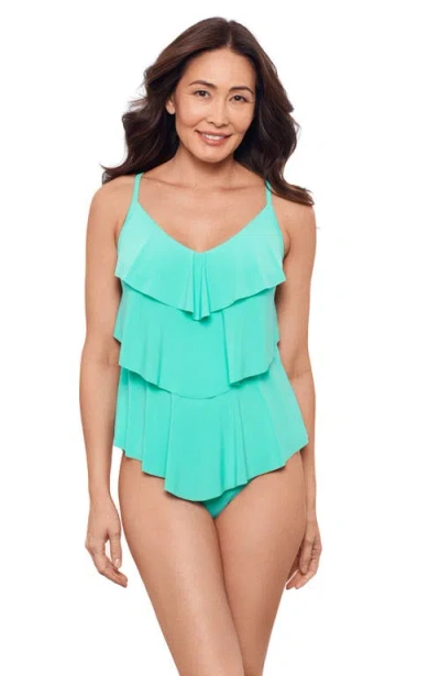 Aqua Green Triple Ruffle Tier Adjustable Tankini Swimsuit Top