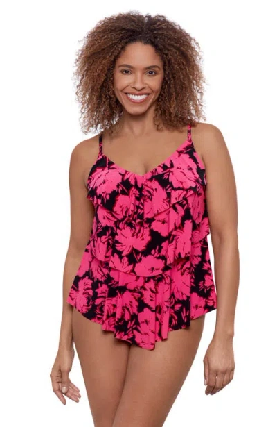 Aqua Green Triple Ruffle Tier Adjustable Tankini Swimsuit Top In Pink