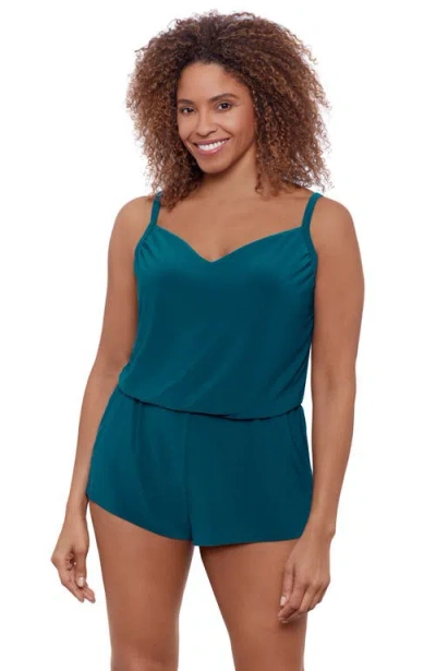 Aqua Green V-neck Blouson Slimming Swimsuit Romper With Pockets In Blue