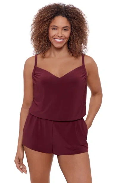 Aqua Green V-neck Blouson Slimming Swimsuit Romper With Pockets In Burgundy