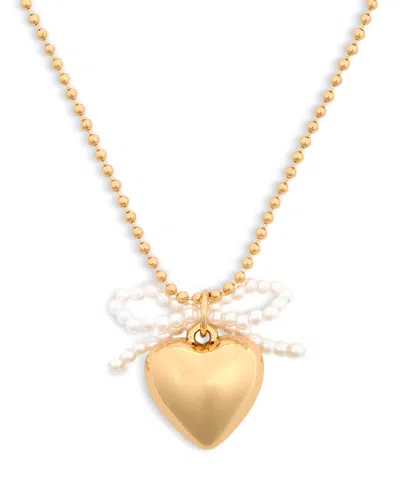 Aqua Heart & Imitation Pearl Bow Pendant Necklace, 16-18 - Exclusive In Gold