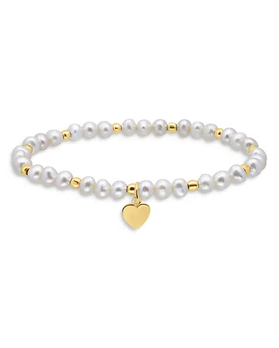 Aqua Heart Charm Cultured Freshwater Pearl Beaded Stretch Bracelet In 18k Gold Plated Sterling Silver - E In Gold/white