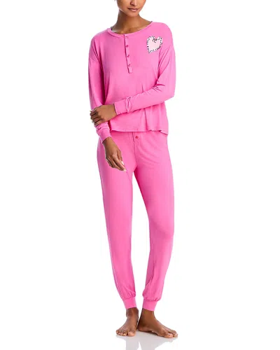 Aqua Henley Heart Patch Pajama Set - Exclusive In Pink