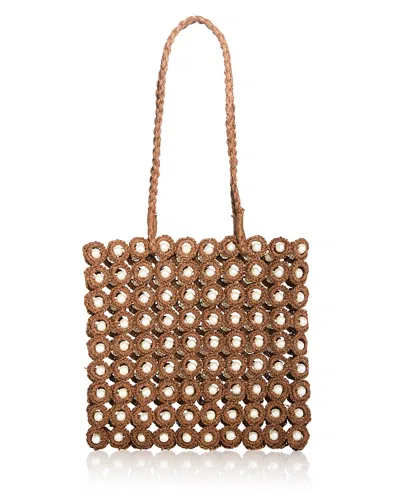 Aqua Imitation Pearl & Crochet Straw Tote In Brown