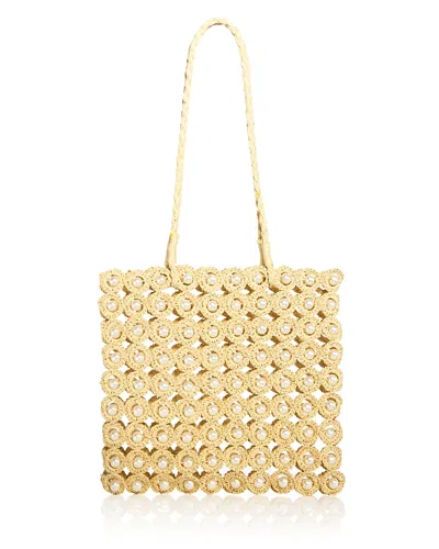 Aqua Imitation Pearl & Crochet Straw Tote In Brown