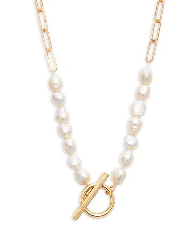 Aqua Imitation Pearl Paperclip Link Toggle Necklace, 15 - Exclusive In Gold