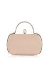 Aqua Imitation Pearl Trim Minaudiere Box Clutch - Exclusive In Brown