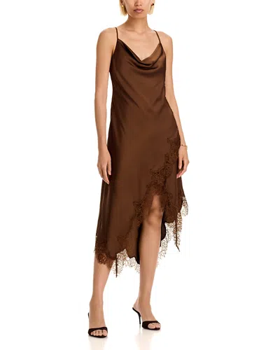Aqua Lace Trim Satin Midi Dress - Exclusive In Brown