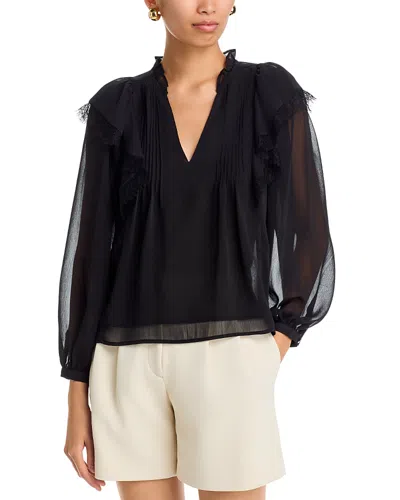 Aqua Lace Trim Split Neck Blouse - Exclusive In Black