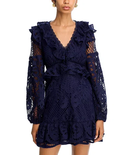 Aqua Lace V Neck Long Sleeve Ruffle Mini Dress - Exclusive In Blue