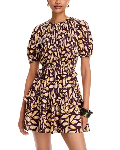 Aqua Leaf Print Puff Sleeve Smocked Mini Dress - Exclusive In Animal Print