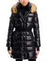Aqua Long Belted Puffer With Faux Fur Trimmed Hood - Exclusive In Black