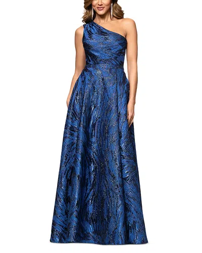 Aqua Long Brocade One Shoulder Ball Gown - Exclusive In Navy