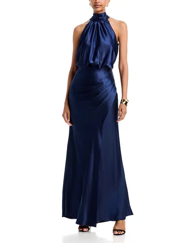 Aqua Long Charmeuse Tie Neck Dress - Exclusive In Blue