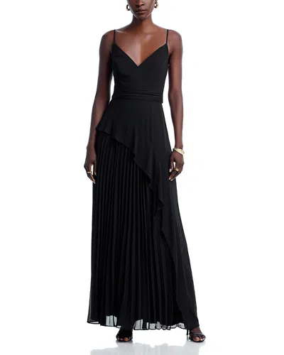 Aqua Long Chiffon Pleated Dress - Exclusive In Black