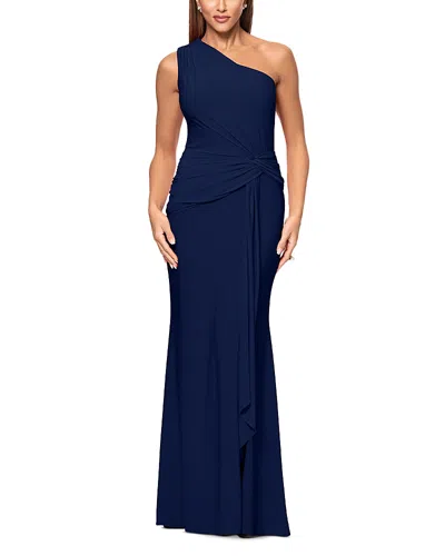 Aqua Long One Shoulder Ruched Dress - Exclusive In Navy