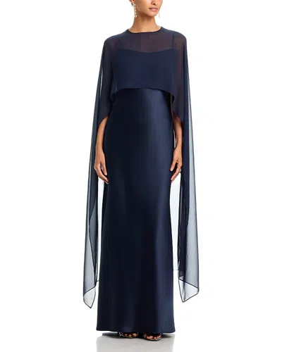 Aqua . Long Satin Dress With Chiffon Overlay - Exclusive In Blue