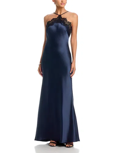 Aqua Long Satin Lace Trim Bias Gown - Exclusive In Blue