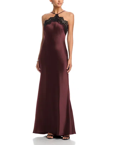 Aqua Long Satin Lace Trim Bias Gown - Exclusive In Burgundy